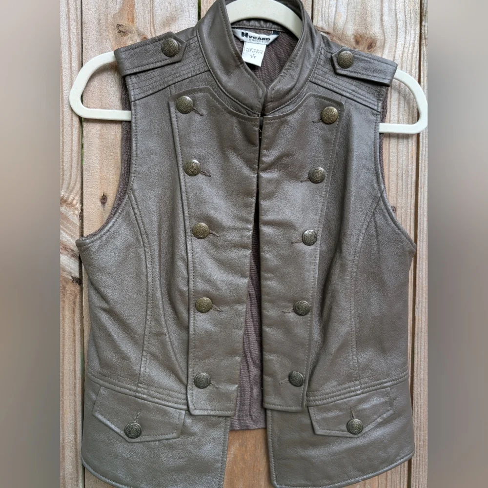 Nygard Collection Brown Leather Steampunk Style Vest Hook Closure Button Detail - Picture 3 of 14